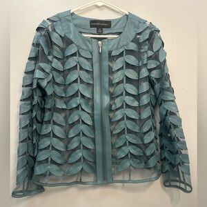 Colleen Lopez Teal Leaf Pattern Sheer Top